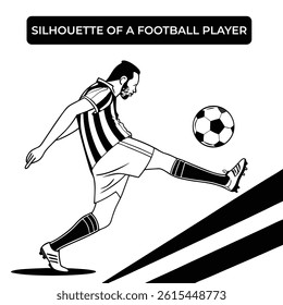 A powerful black and white silhouette vector of a football player kicking the ball in full action. Capturing speed, strength, and motion, this dynamic sports illustration is ideal for posters, t-shirt