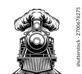 A powerful black and white vector illustration of a vintage steam train, seen from a bold, front-on perspective. This monochrome graphic features a classic locomotive engine billowing a large puff 