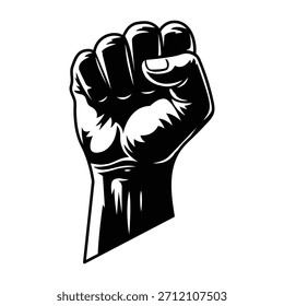 Eine starke schwarz-weiße Vektorgrafik einer erhobenen geballten Faust, die Protest, Revolution, Solidarität, Ermächtigung und den Kampf für die Menschenrechte symbolisiert.