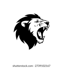 Powerful black and white vector illustration of a roaring lion head with a majestic mane, perfect for sports mascots or fierce branding logos.