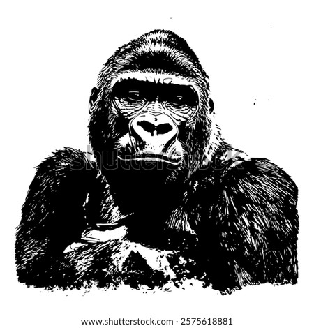 powerful black and white vector illustration of a gorilla in a seated pose, highlighting its muscular build and intense expression with bold textures and intricate details.