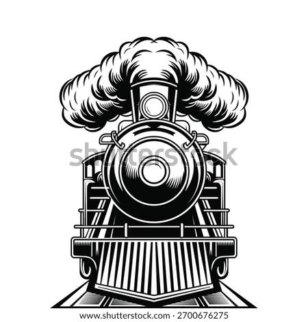 A powerful black and white vector illustration of a vintage steam train, seen from a bold, front-on perspective. This monochrome graphic features a classic locomotive engine billowing a large puff 