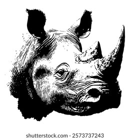 powerful black and white vector portrait of a rhinoceros, emphasizing its rugged texture and iconic horn with bold lines and intricate detailing.