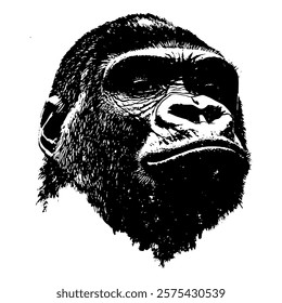 powerful black and white vector portrait of a gorilla, emphasizing its strong features and calm expression with intricate textures and shading.