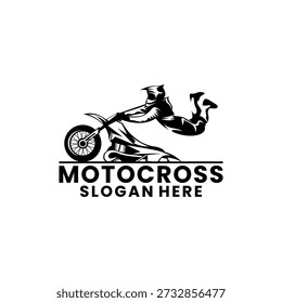 A powerful black and white vector silhouette of a motocross rider performing an extreme mid-air stunt jump on a dirt bike, suitable for branding and sports apparel design.