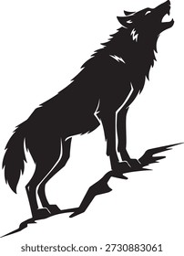 Powerful black wolf silhouette captured mid howl, standing on a rough branch, conveying raw wilderness and ancient calls.
