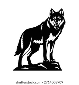 Lobo negro poderoso de pie en la silueta de cuerpo completo de Rock