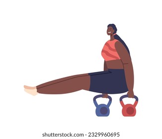 Powerful Black Woman With Sculpted Muscles Performing Challenging Kettlebell Calisthenics Workout, Vector Illustration