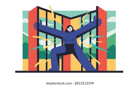 Powerful blue figure breaking through the red bars of a cage to represent liberation, strength, and freedom.