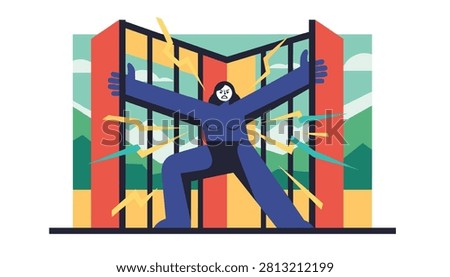 Powerful blue figure breaking through the red bars of a cage to represent liberation, strength, and freedom.