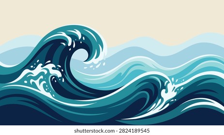 Powerful Blue Ocean Wave with White Foam Abstract Seascape Illustration