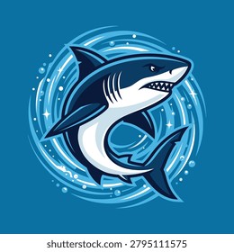 Powerful blue shark illustration with a circular splash background. Ideal for sports team mascots, aquarium branding, or water-related activity logos.