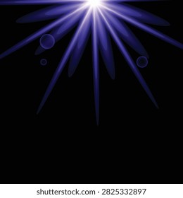 Powerful blue sunburst effect with radial light beams emanating downwards, accompanied by two small, dark circular elements in the black void.