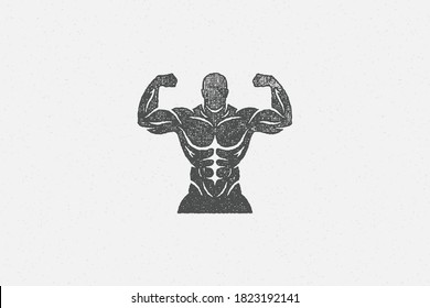 Powerful bodybuilder showing muscles silhouette vector illustration. Strong sportsman show biceps during intense training in gym hand drawn stamp and grunge texture for poster or label decoration