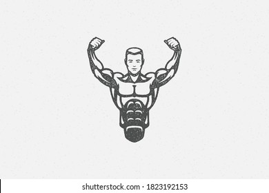 Powerful bodybuilder showing muscles silhouette vector illustration. Strong sportsman show biceps during intense training in gym hand drawn stamp and grunge texture for poster or label decoration
