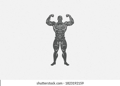 Powerful bodybuilder showing muscles silhouette vector illustration. Strong sportsman show biceps during intense training in gym hand drawn stamp and grunge texture for poster or label decoration