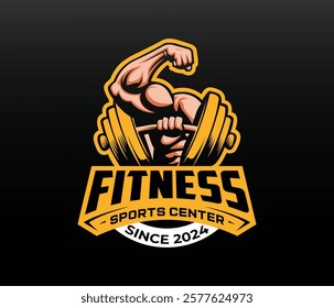 Powerful bodybuilding and fitness gym logo design, featuring muscular arm flexing bicep and triceps with dumbbell, label, emblem, badge, or branding design in retro, vintage style. Vector illustration