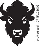 A powerful and bold black silhouette vector of an American bison head, featuring thick curved horns, heavy fur, and an intense frontal gaze with white detail accents. The strong masculine design is perfect for sports logos, brand mascots, western themes, outdoor brands, and American heritage projects.