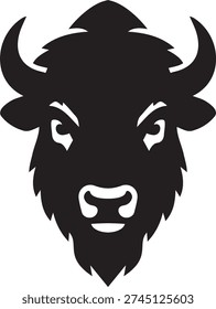A powerful and bold black silhouette vector of an American bison head, featuring thick curved horns, heavy fur, and an intense frontal gaze with white detail accents. The strong masculine design is perfect for sports logos, brand mascots, western themes, outdoor brands, and American heritage projects.