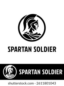 A powerful and bold Spartan soldier logo design featuring a stylized warrior in a helmet within a circular frame in black and white