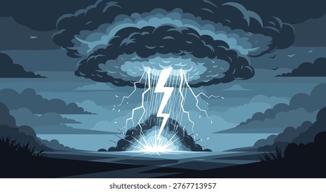 Powerful bolt of white lightning striking from a massive dark storm cloud onto the ground during a dramatic evening thunderstorm over a landscape.