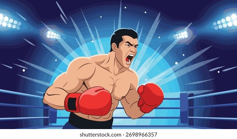 Um pugilista poderoso com uma expressão intensa e luvas vermelhas está em um anel de boxe bem iluminado, pronto para a batalha.