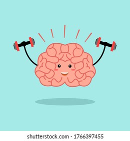 Powerful brain concept vector illustration. Brain training in flat design. Brain lifting dumbbells. Mind exercise and concentration training.