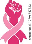 Powerful breast cancer awareness vector illustration featuring a raised fist wrapped with a pink ribbon. This empowering artwork symbolizes strength, courage, resilience, determination, hope, empowerment, advocacy, and support for breast cancer fighters, survivors, caregivers, and communities. Ideal for awareness campaigns, fundraising events, healthcare organizations, survivor programs, educational resources, social media graphics, posters, and commercial merchandise.