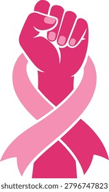 Powerful breast cancer awareness vector illustration featuring a raised fist wrapped with a pink ribbon. This empowering artwork symbolizes strength, courage, resilience, determination, hope, empowerment, advocacy, and support for breast cancer fighters, survivors, caregivers, and communities. Ideal for awareness campaigns, fundraising events, healthcare organizations, survivor programs, educational resources, social media graphics, posters, and commercial merchandise.