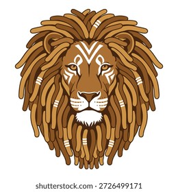 Powerful brown lion head with stylized dreadlocks and white tribal patterns on the face and mane isolated vector graphic