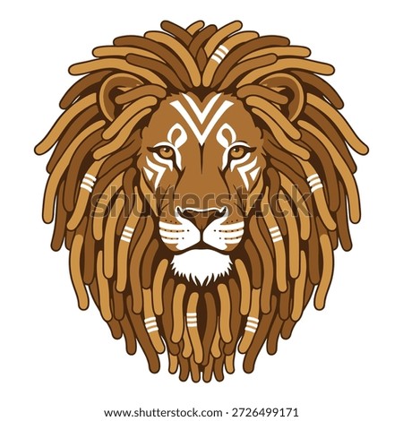 Powerful brown lion head with stylized dreadlocks and white tribal patterns on the face and mane isolated vector graphic