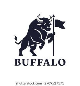 Diseño potente del logotipo del búfalo con la bandera, mascota para los deportes o el negocio