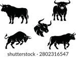 Powerful bull silhouette collection featuring standing, walking, charging, and front-facing poses along with a stylized bull head design. Ideal for agriculture, livestock, sports branding, financial concepts, logos, mascots, and vector graphic projects.