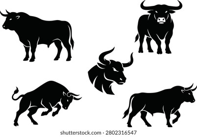 Powerful bull silhouette collection featuring standing, walking, charging, and front-facing poses along with a stylized bull head design. Ideal for agriculture, livestock, sports branding, financial concepts, logos, mascots, and vector graphic projects.