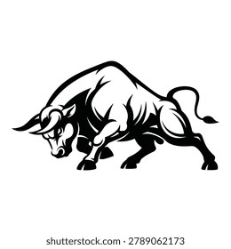 Powerful bull silhouette facing forward with lowered head on a white background