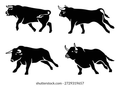 Powerful bull silhouettes in motion, dynamic poses
