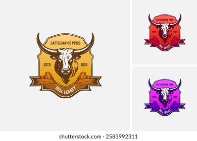 A powerful bull with the words cattlemans pride bull legacy logo design. Ideal for ranchers, farmers, livestock breeders with a strong legacy. EPS layered vector