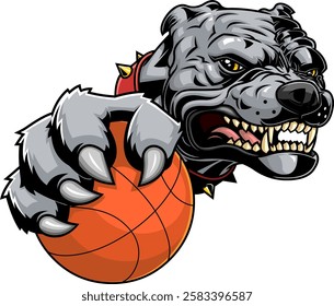 Powerful Bulldog Holding Basketball Sports Mascot Logo Design. Vector Hand Drawn Illustration Isolated On Transparent Background