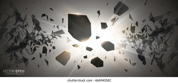 Powerful burst. Black particles on dark background. Explosion cloud of black pieces with glow lights. Abstract vector illustration