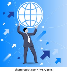 Powerful business concept. Confident businessman in business suit holds globe above his head as symbol of business power and global dominance. Strategy growth, business power and opportunities concept