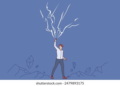 Powerful business man raises hand up near lightning bolts, demonstrating self-confidence and superpowers. Powerful entrepreneur is not afraid of natural anomalies and cataclysms that cause awe