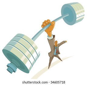 Powerful businessman lifting barbell by one hand. Vector illustration.