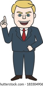 Powerful businessman with a raised index finger. Vector illustration isolated on white background.