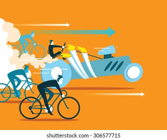 Powerful Car Overtaking Bicycles. Business Is Forging Ahead. Illustration