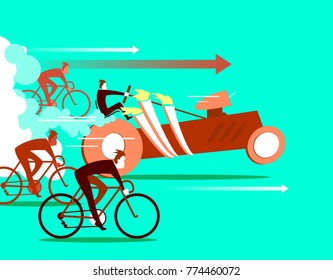 Powerful Car Overtaking Bicycles. Business Is Forging Ahead. Illustration