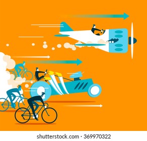 Powerful Car And Plane Overtaking Bicycles. Business Is Forging Ahead. Vector Illustration