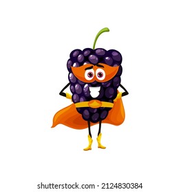 Powerful Cartoon Blackberry Superhero, Vector Funny Berry In Cape And Mask Stand With Arms Akimbo. Super Hero Vitamin Fruit Character In Cloak. Cheerful Fairytale Healthy Food Personage, Brave Plant