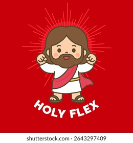 Powerful Cartoon Jesus Flexing Arms with Bold Holy Flex Message on Red Background Vector Illustration for gospel, kid nursery, sunday school