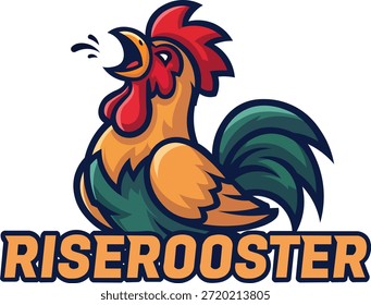 "Powerful cartoon rooster crowing loudly with open beak, red comb and colorful feathers. Energetic RiseRooster morning mascot illustration, scalable PNG vector for logo design."