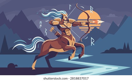 Powerful centaur archer shooting a fiery arrow towards a glowing sunset in a beautiful Nordic mountain valley.